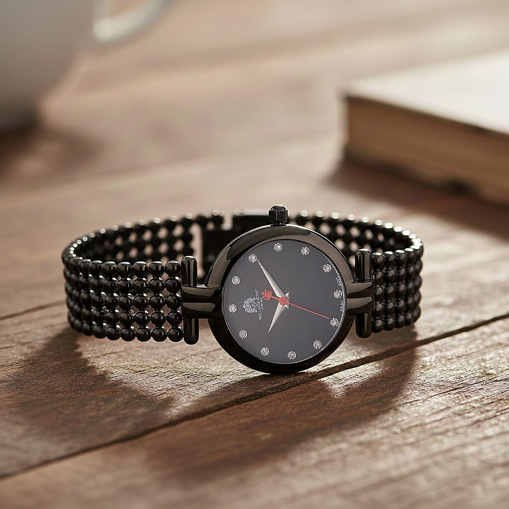 WILLIAM HUNT Ronda 763 Swiss Quartz 5ATM WR Black & Diamond Dial & Black Case Ladies Watch with Black Stainless Steel Strap